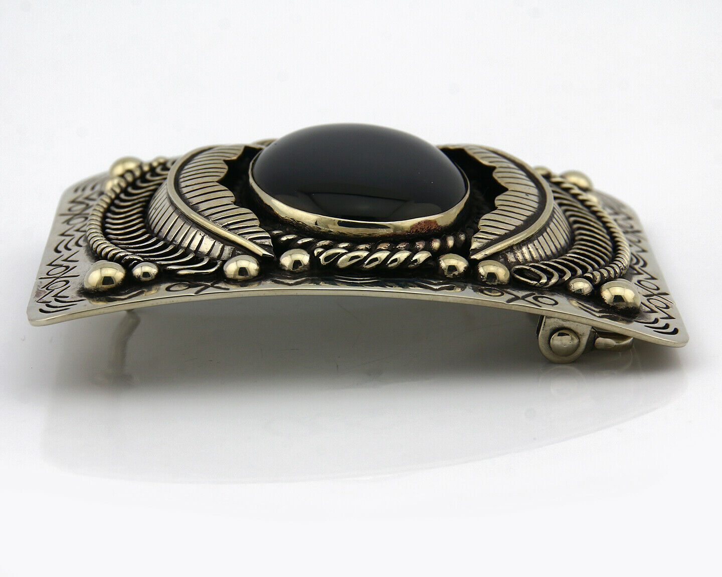 Navajo Handmade Belt Buckle .999 Nickle Silver Onyx Artist Signed Tipi C.80's