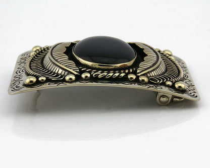Navajo Handmade Belt Buckle .999 Nickle Silver Onyx Artist Signed Tipi C.80's