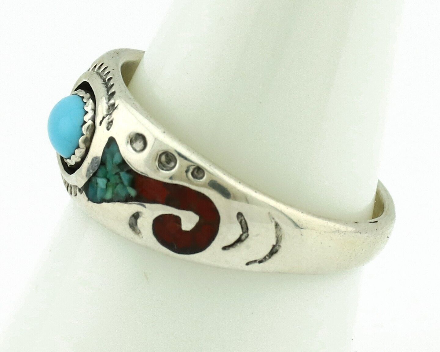 Navajo Handmade Ring 925 Silver Blue Turquoise & Coral Native American C.80's