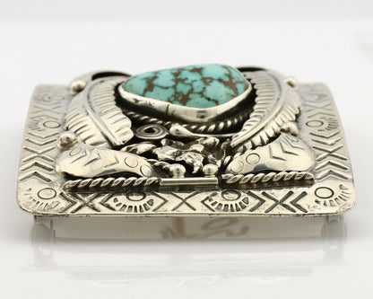 Navajo Belt Buckle .925 Silver Natural Blue Turquoise Artist Signed Tepee C.80's