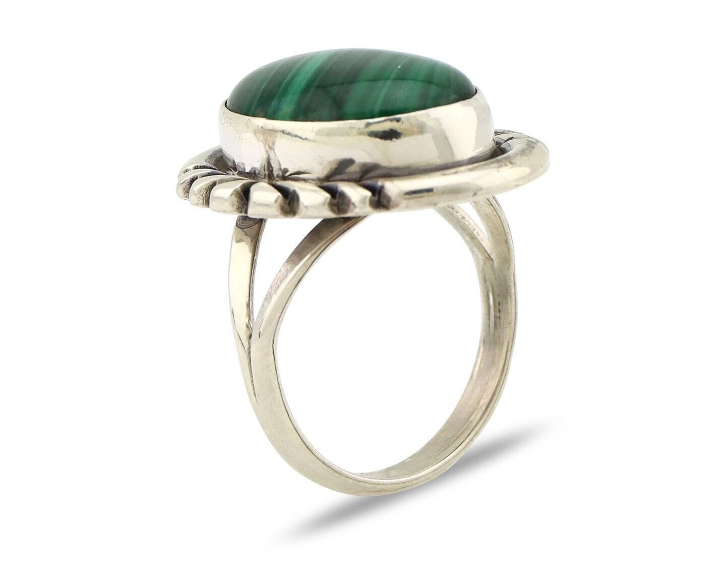Navajo Ring 925 Silver Hand Stamped Natural Malachite Artist Signed NAKAI C.80's