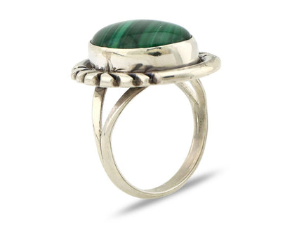 Navajo Ring 925 Silver Hand Stamped Natural Malachite Artist Signed NAKAI C.80's