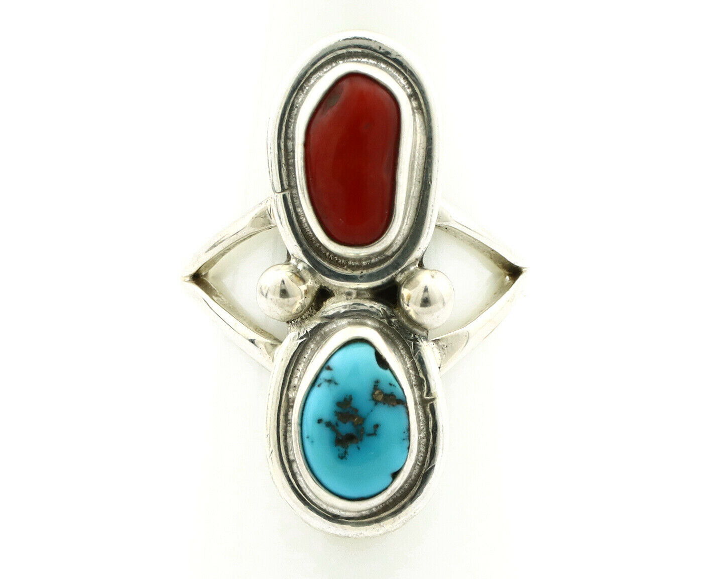 Navajo Ring .925 Silver Red Coral & Blue Turquoise Native Artist C.80's