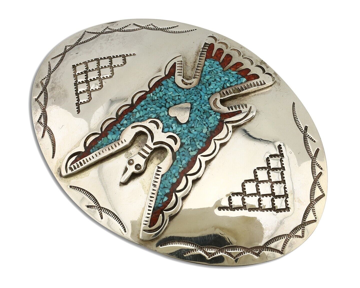 Navajo Belt Buckle 925 Silver Handmade Chip Inlay Artist Signed CP C.80s