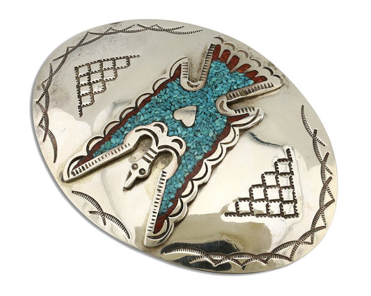 Navajo Belt Buckle 925 Silver Handmade Chip Inlay Artist Signed CP C.80s