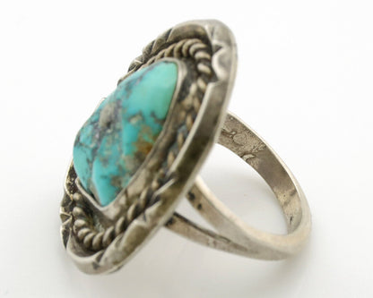 Navajo Ring .925 Silver Globe Turquoise Hand Stamped Native American Artist C80s