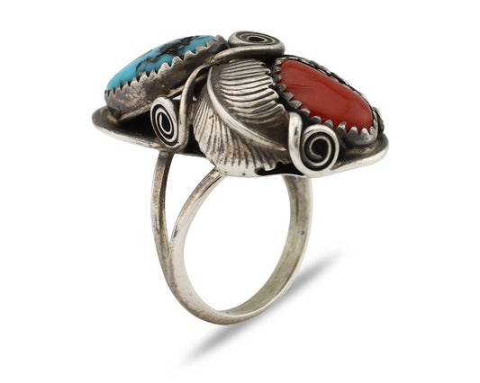 Navajo Handmade Ring 925 Silver Turquiose & Coral Artist Signed MP C.80's