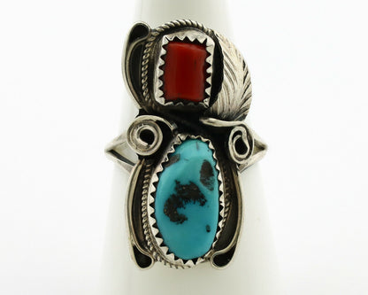 Navajo Ring .925 Silver Turquoise & Coral Artist Signed J Morris C.80's