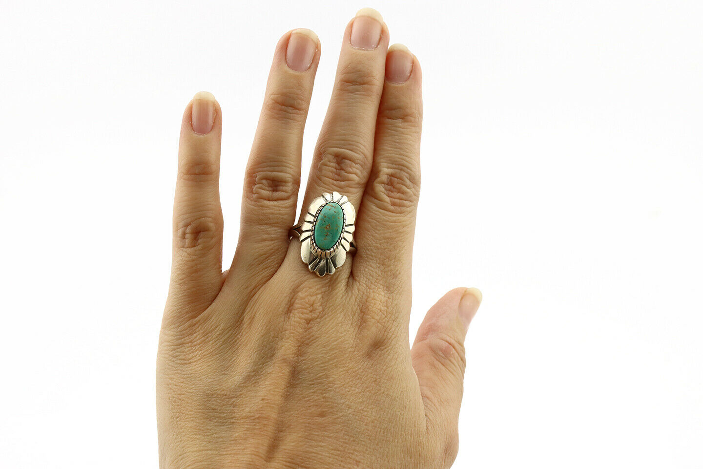 Navajo Ring .925 Silver Green Turquoise Artist Signed M Montoya C.80's