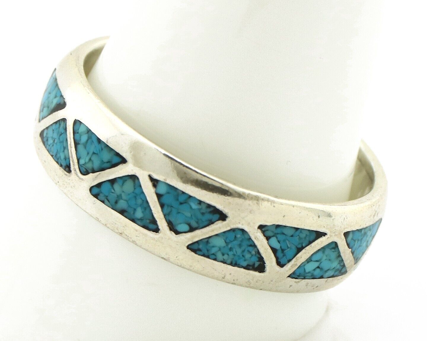 Navajo Chip Inlay Ring 925 Silver Sleeping Beauty Turquoise Artist Silver Cloud