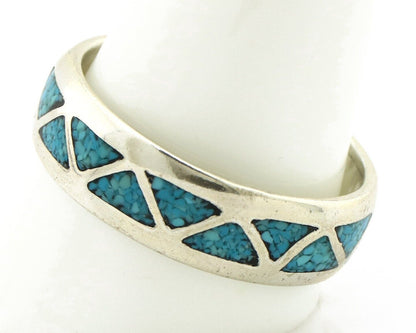Navajo Chip Inlay Ring 925 Silver Sleeping Beauty Turquoise Artist Silver Cloud