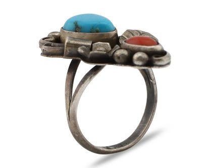 Navajo Handmade Ring 925 Silver Turquiose & Coral Artist Signed WJ C.80's