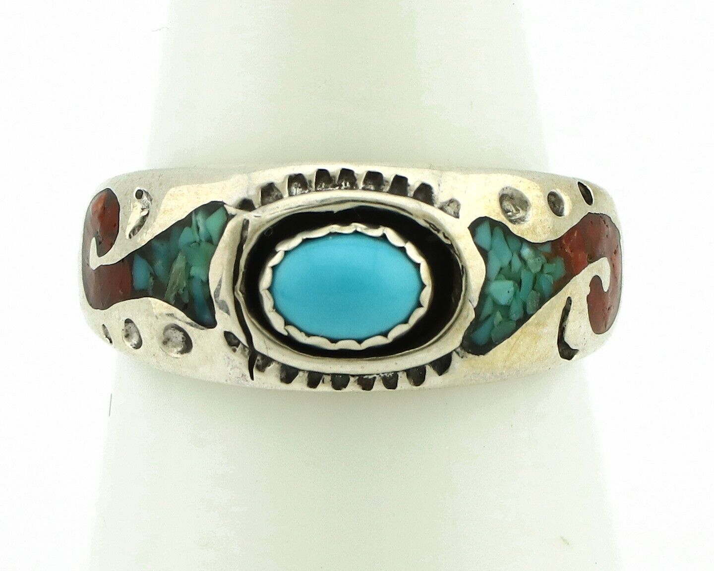 Navajo Handmade Ring 925 Silver Blue Turquoise & Coral Native American C.80's