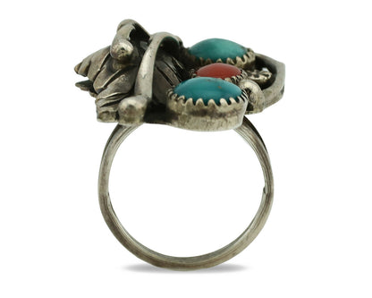 Navajo Ring .925 Silver Turquoise & Coral Native American Artist C.1980's