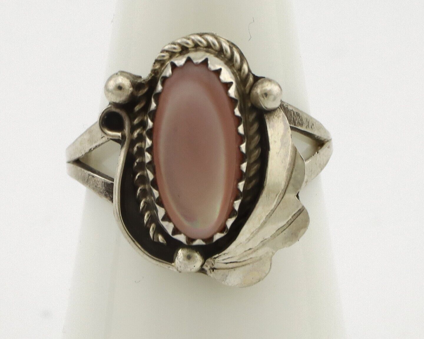 Navajo Ring .925 Silver Natural Pink Mussel Artist Signed Justin Morris C.80's