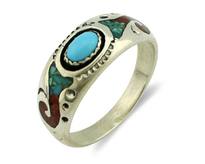Navajo Handmade Ring 925 Silver Blue Turquoise & Coral Native American C.80's