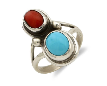 Navajo Handmade Ring 925 Silver Coral & Turquoise Native American Artist C.80's