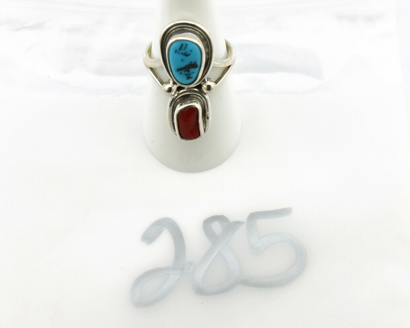 Navajo Ring .925 Silver Blue Turquoise & Red Coral Native American Artist C.80's