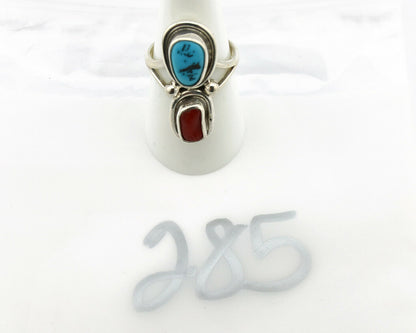 Navajo Ring .925 Silver Blue Turquoise & Red Coral Native American Artist C.80's