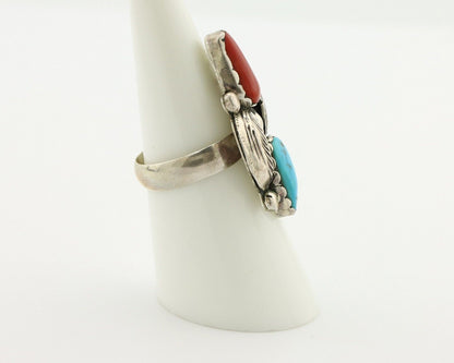 Navajo Ring 925 Silver Blue Turquiose & Mediterranean Coral Native Artist C.80's