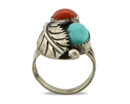 Navajo Ring .925 Silver Turquoise & Coral Native American Artist C.1980's