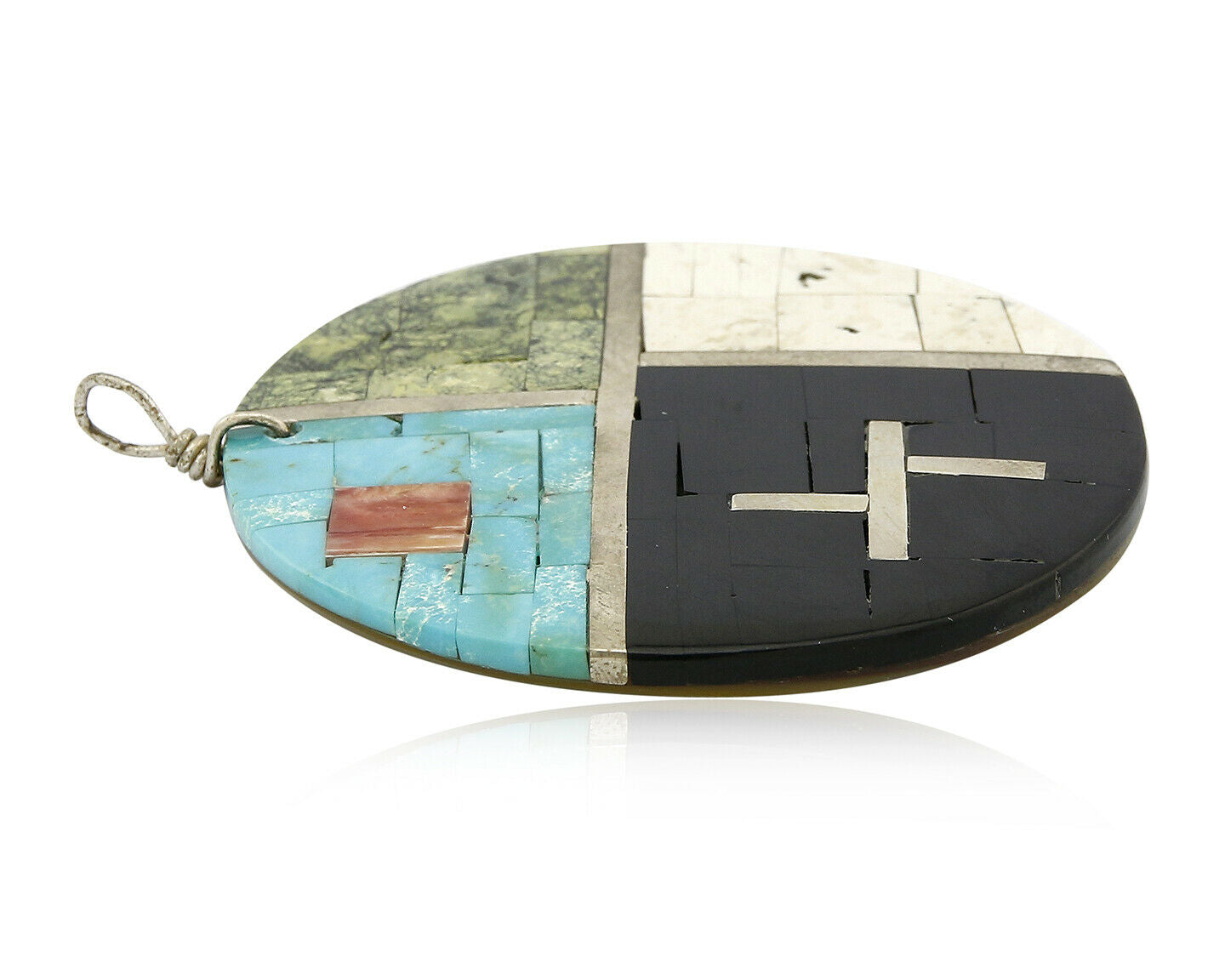 C. 1980's Santa Domingo Natural Gemstone Inlaid Handmade .925 Silver Pendant