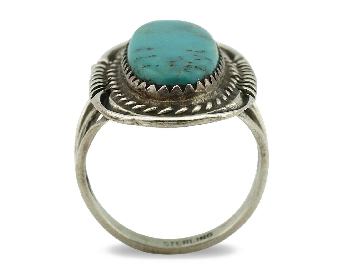 Navajo Ring .925 Silver Natural Blue Turquoise Artist Signed Talhat C.1980's