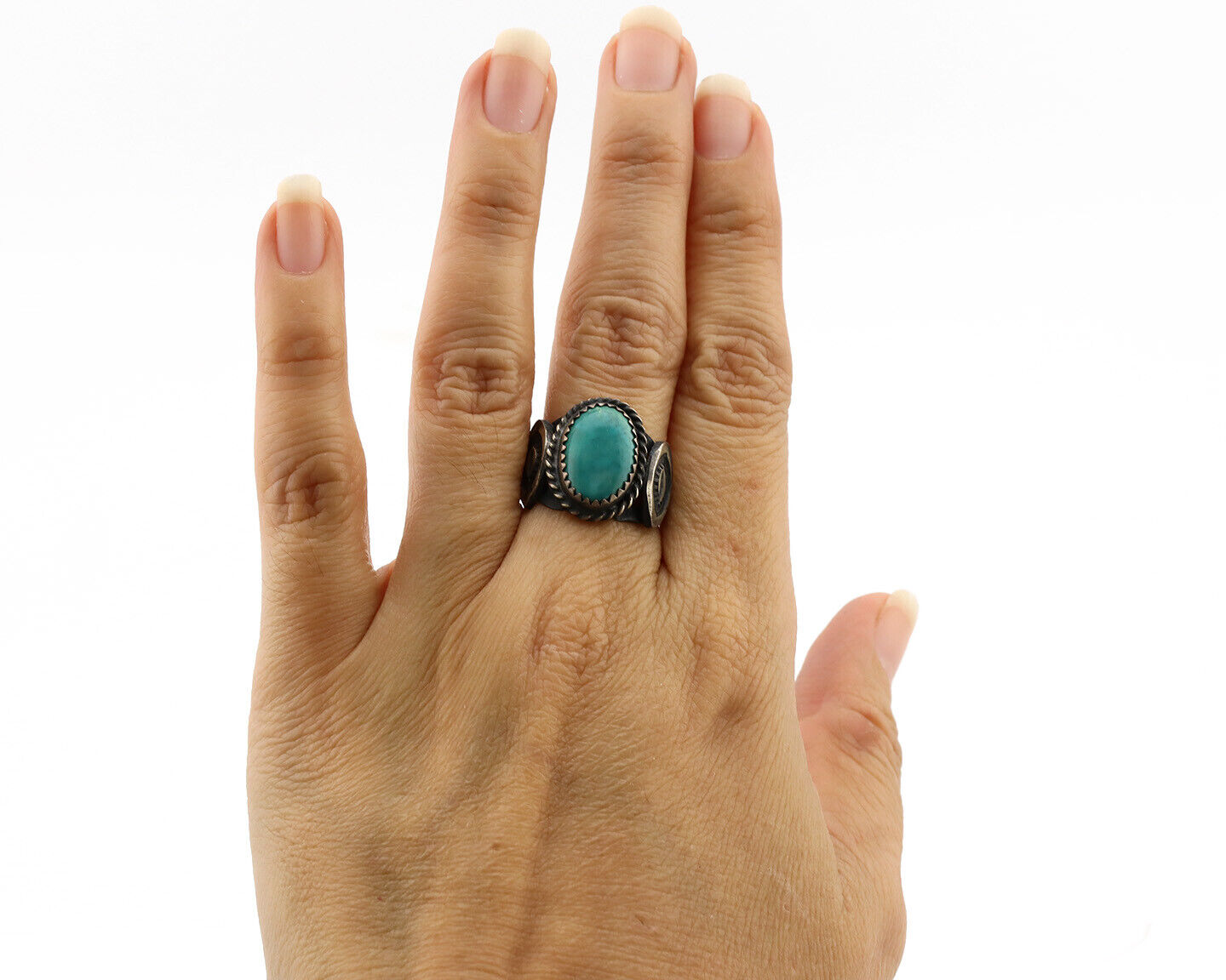 Navajo Ring .925 Silver Kingman Turquoise Artist Signed FA C.80's