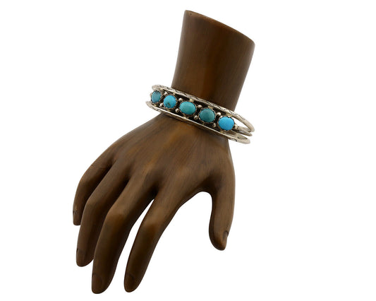 Navajo Bracelet .925 Silver Natural Blue Southwest Turquoise Signed R C.80's