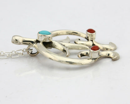 Navajo Necklace .925 Silver Natural Red Coral Turquoise Artist Native C.80's