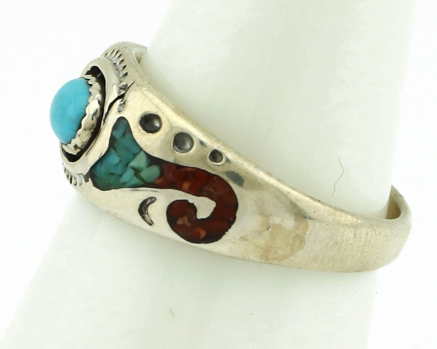 Navajo Handmade Ring 925 Silver Blue Turquoise & Coral Native American C.80's