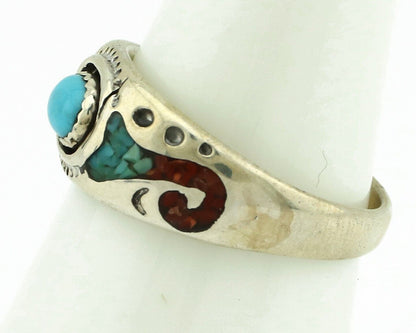 Navajo Handmade Ring 925 Silver Blue Turquoise & Coral Native American C.80's