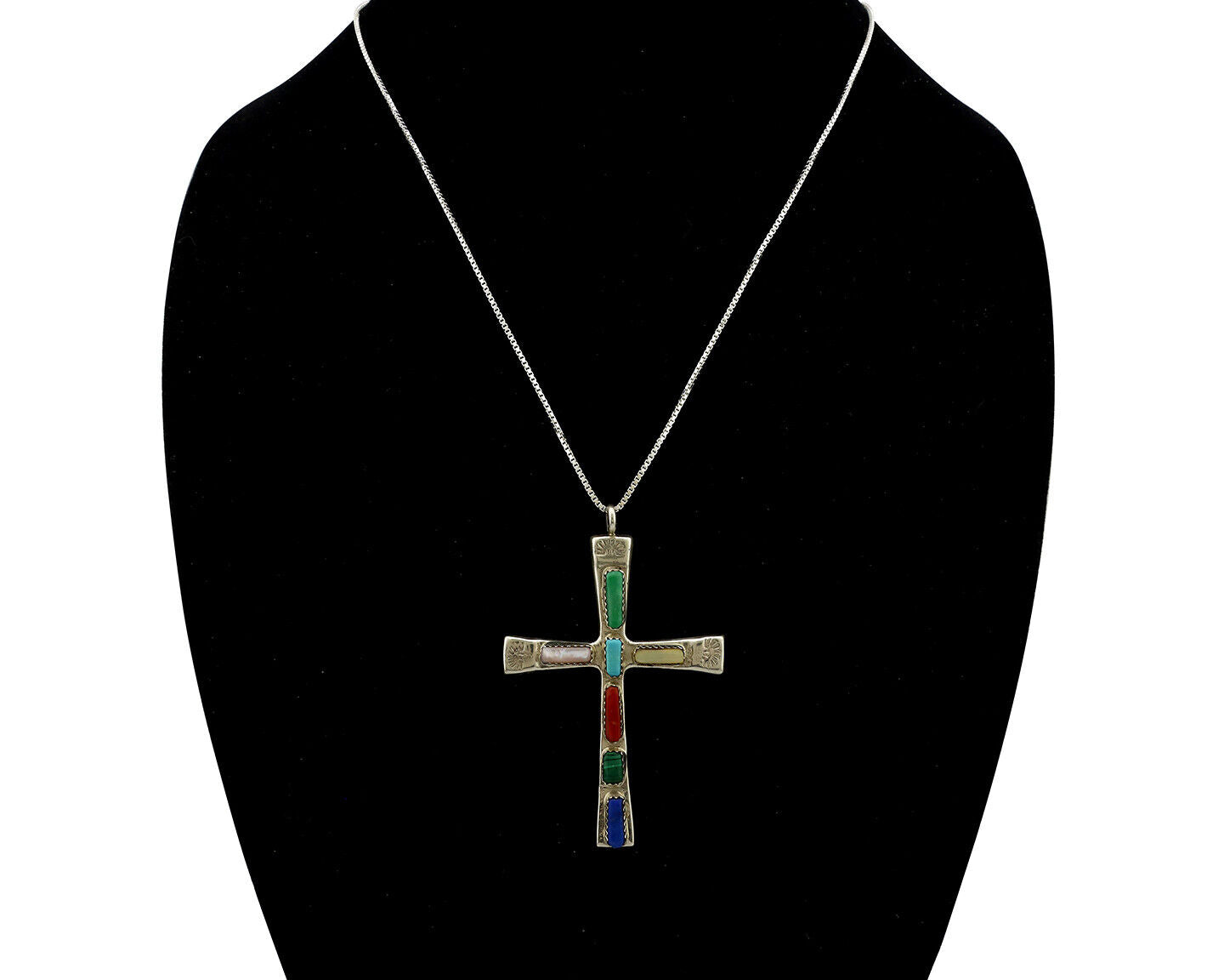 Zuni Handmade Cross Necklace 925 Silver Natural Gemstone Signed W. IULE C.80's
