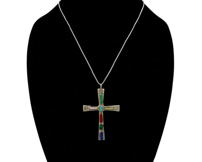 Zuni Handmade Cross Necklace 925 Silver Natural Gemstone Signed W. IULE C.80's