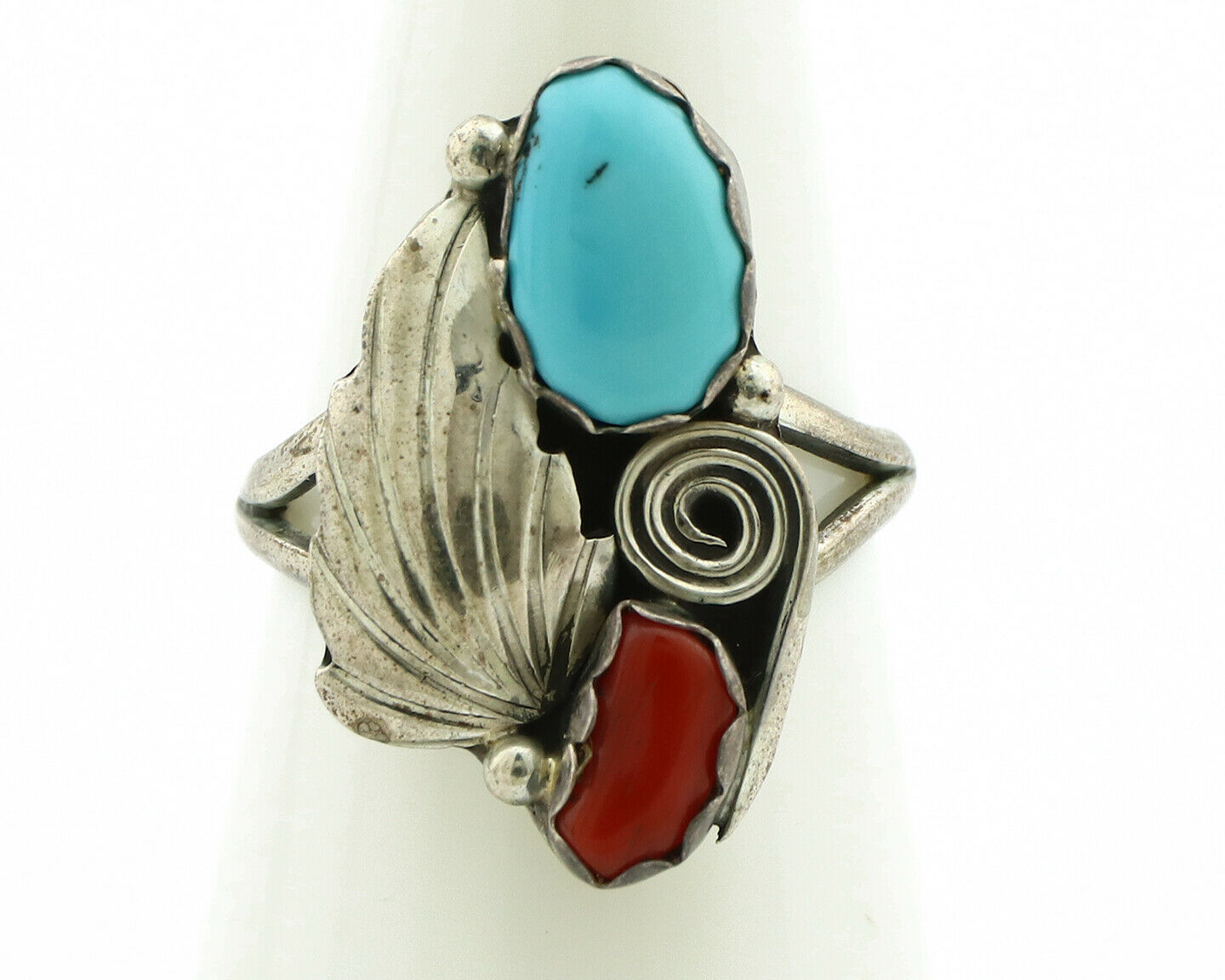 Navajo Ring .925 Silver Turquoise & Coral Native American Artist C.1980's