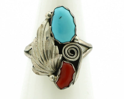 Navajo Ring .925 Silver Turquoise & Coral Native American Artist C.1980's