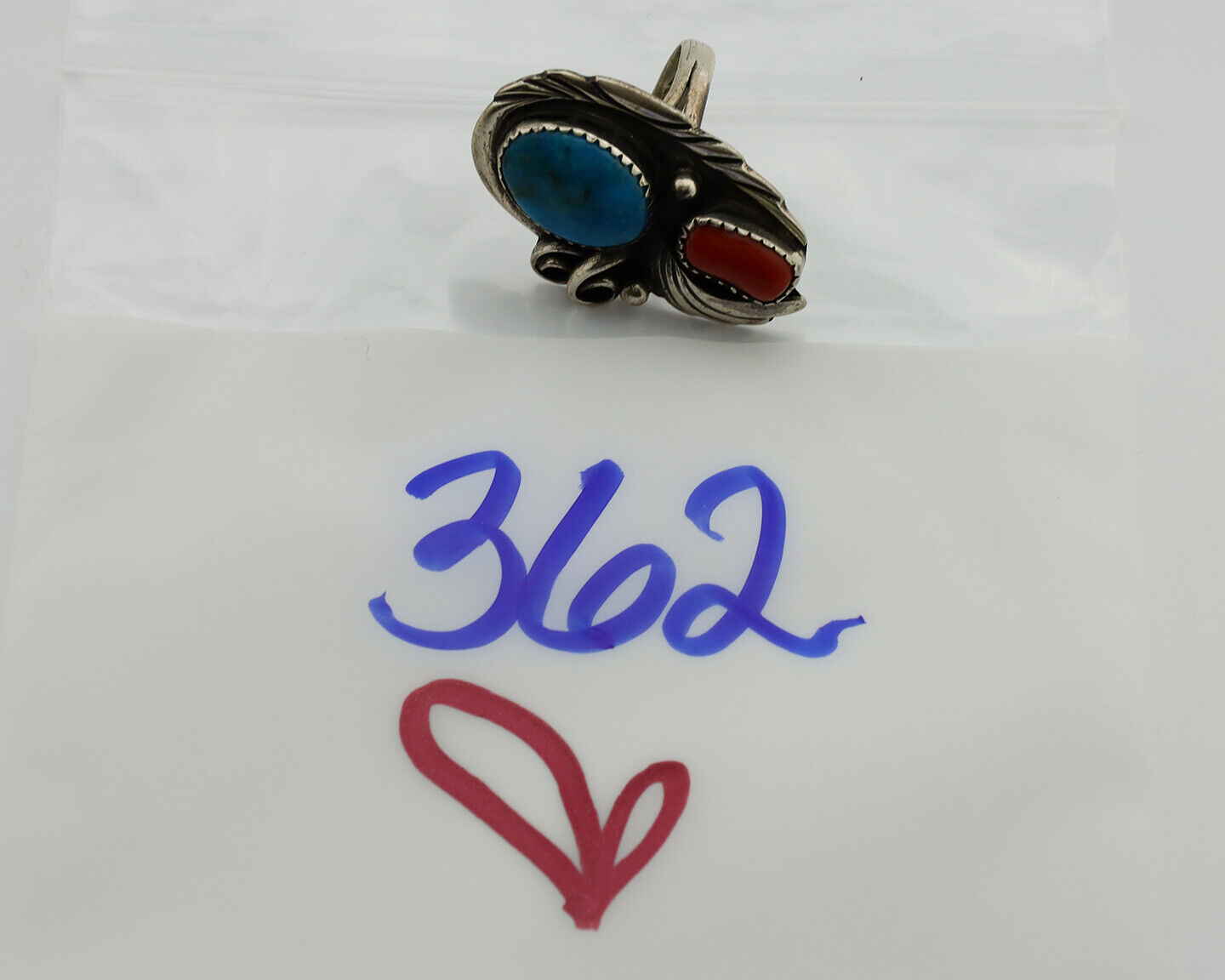 Navajo Ring 925 Silver Turquoise & Coral Artist Signed Native American C.80s