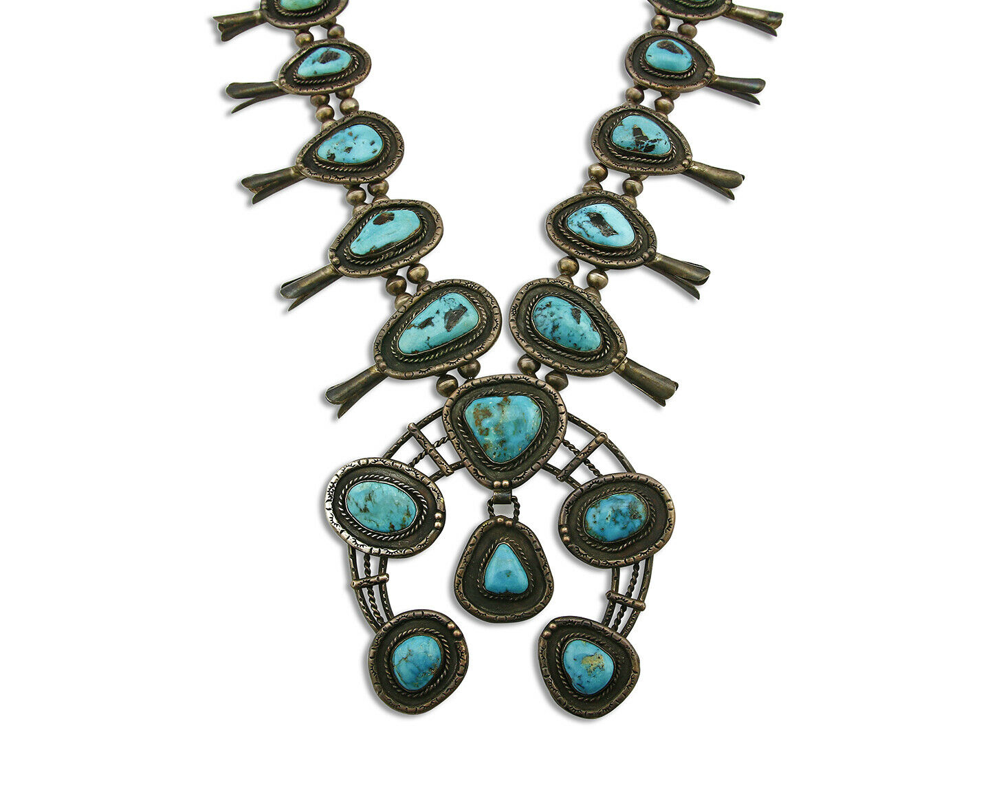 C.1950's Old Pawn Navajo Hand Stamped Bisbee Turquoise .925 Squash Necklace