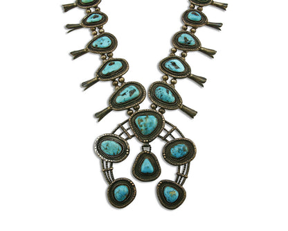 C.1950's Old Pawn Navajo Hand Stamped Bisbee Turquoise .925 Squash Necklace