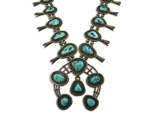 C.1950's Old Pawn Navajo Hand Stamped Bisbee Turquoise .925 Squash Necklace