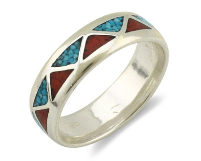 Navajo Ring 925 Silver Natural Turquoise & Coral Native American Artist C.80's