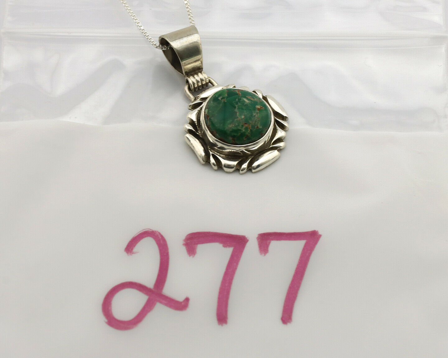 Navajo Necklace .925 Silver Green Variscite Signed Sun C.80's