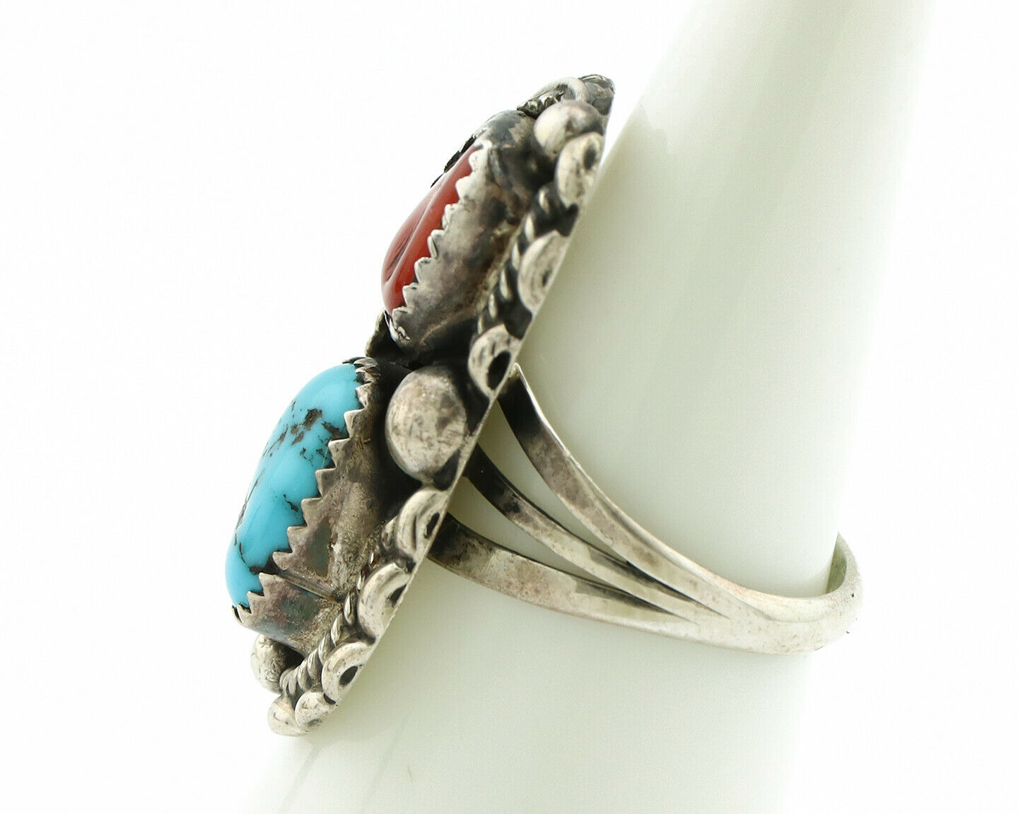 Navajo Ring .925 Silver Turquoise & Coral Artist Signed Thomas Singer C.80's
