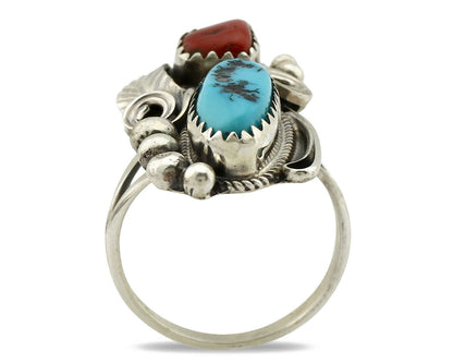 Navajo Ring .925 Silver Turquoise & Coral Artist Signed J Morris C.80's