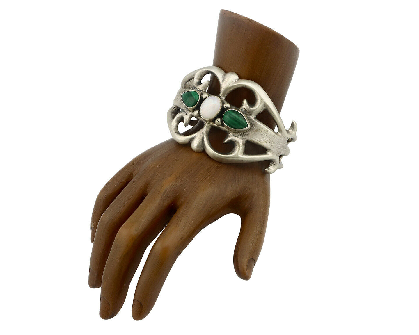 Navajo Sand Cast Bracelet .925 Silver Malachite & Opal Native Artist C.80's