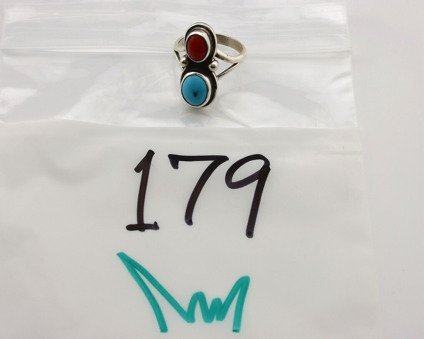 Navajo Handmade Ring 925 Silver Coral & Turquoise Native American Artist C.80's