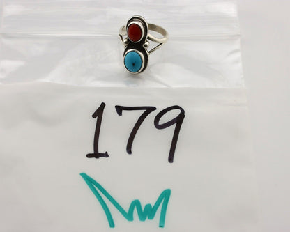 Navajo Handmade Ring 925 Silver Coral & Turquoise Native American Artist C.80's