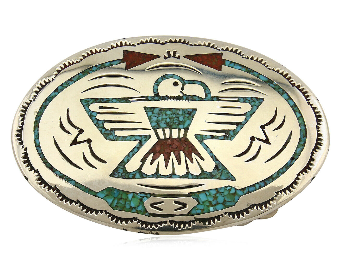 Navajo Belt Buckle .999 Nickle Silver Turquoise Coral Signed SD C.80's