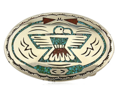 Navajo Belt Buckle .999 Nickle Silver Turquoise Coral Signed SD C.80's