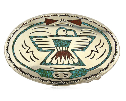 Navajo Belt Buckle .999 Nickle Silver Turquoise Coral Signed SD C.80's